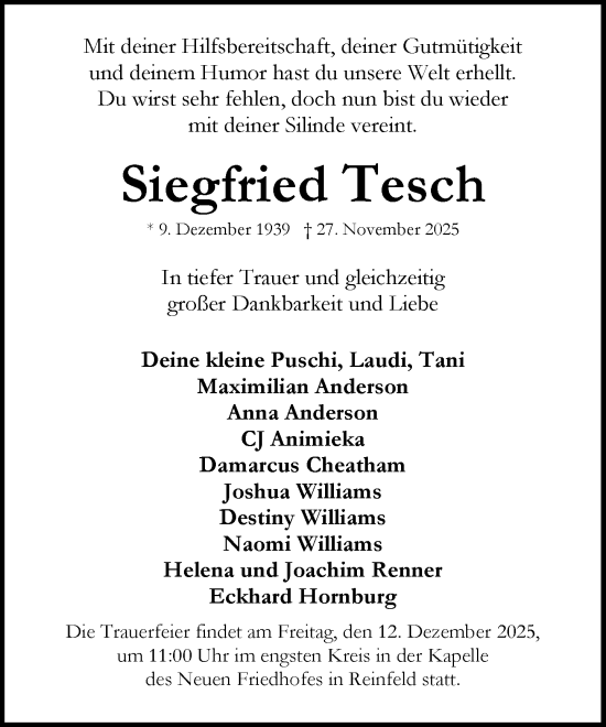 Traueranzeige von Siegfried Tesch von MARKT Bad Oldesloe/Reinfeld und Stormarner Tageblatt