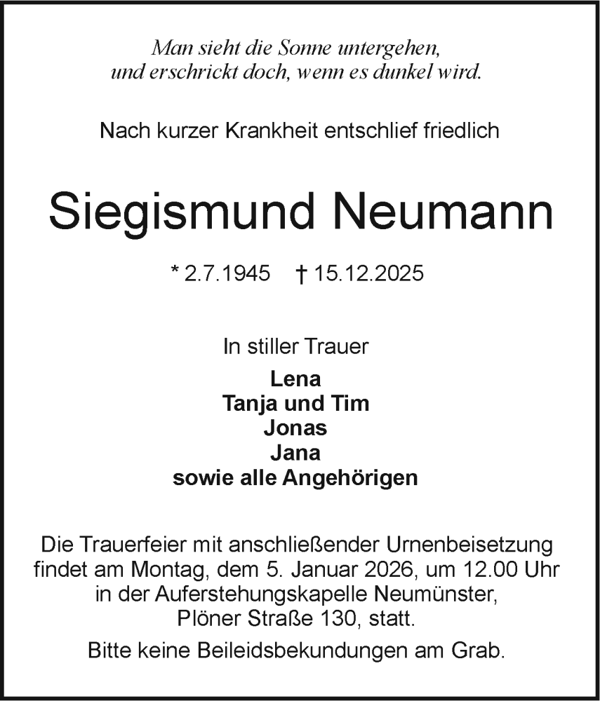  Traueranzeige für Siegismund Neumann vom 20.12.2025 aus Holsteinischer Courier