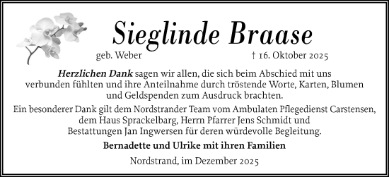 Traueranzeige von Sieglinde Braase von Husumer Nachrichten, Nordfriesland Tageblatt