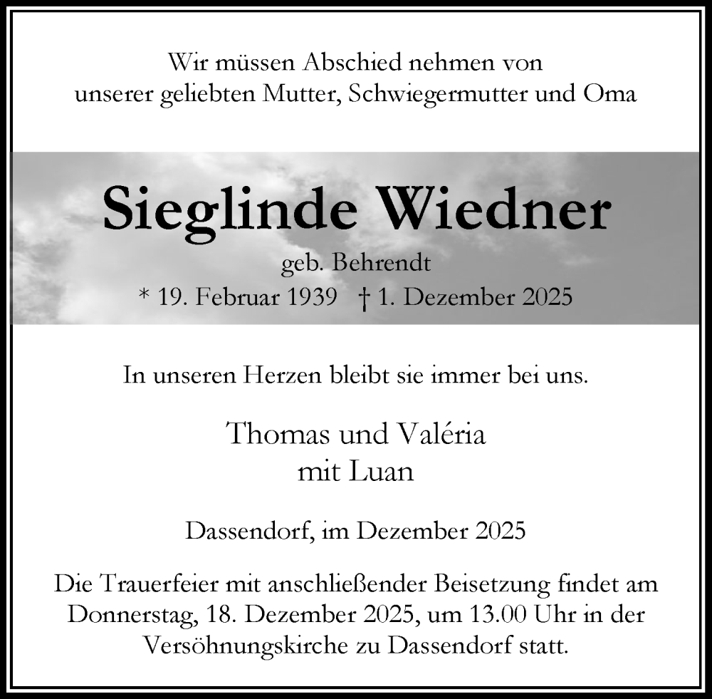  Traueranzeige für Sieglinde Wiedner vom 13.12.2025 aus Wochenend Anzeiger
