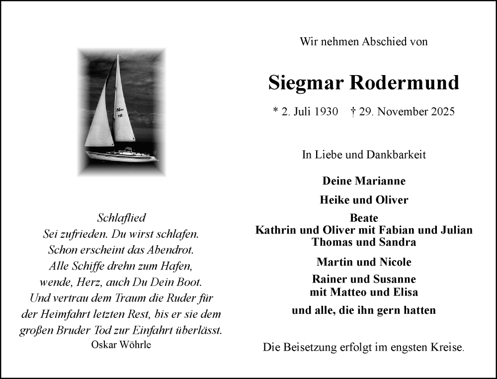  Traueranzeige für Siegmar Rodermund vom 13.12.2025 aus Elmshorner Nachrichten, Barmstedter Zeitung