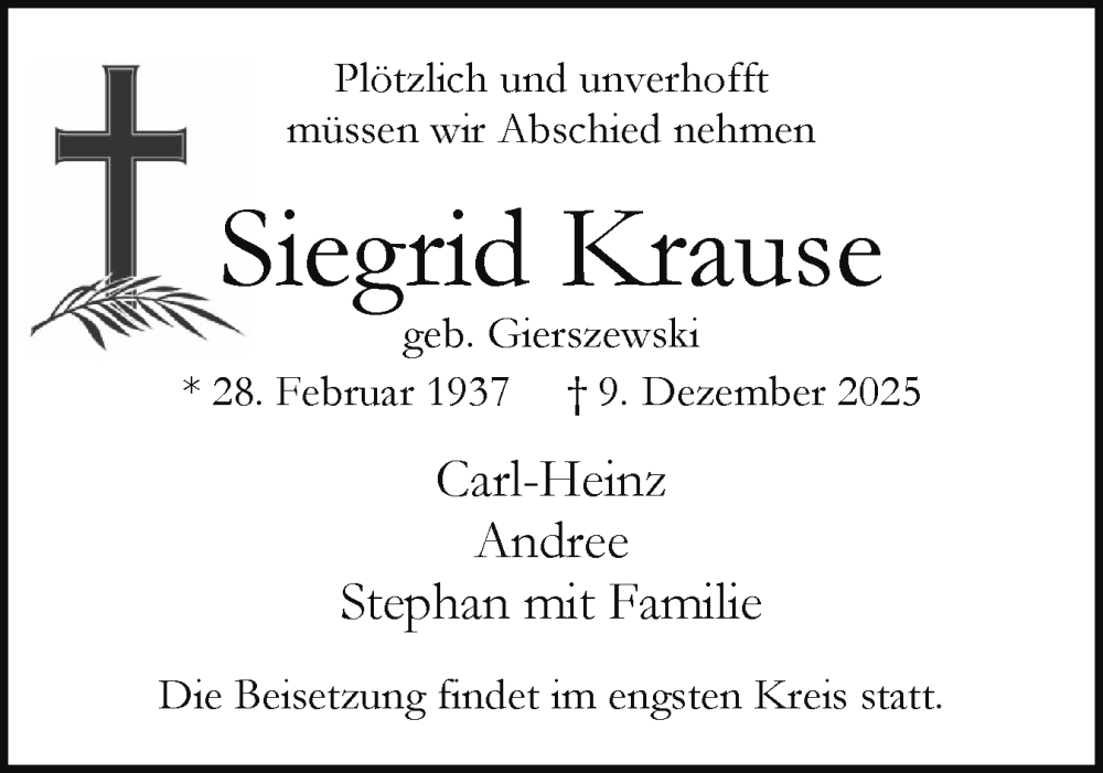 Traueranzeige für Siegrid Krause vom 20.12.2025 aus Region Pinneberg und tip Pinneberg
