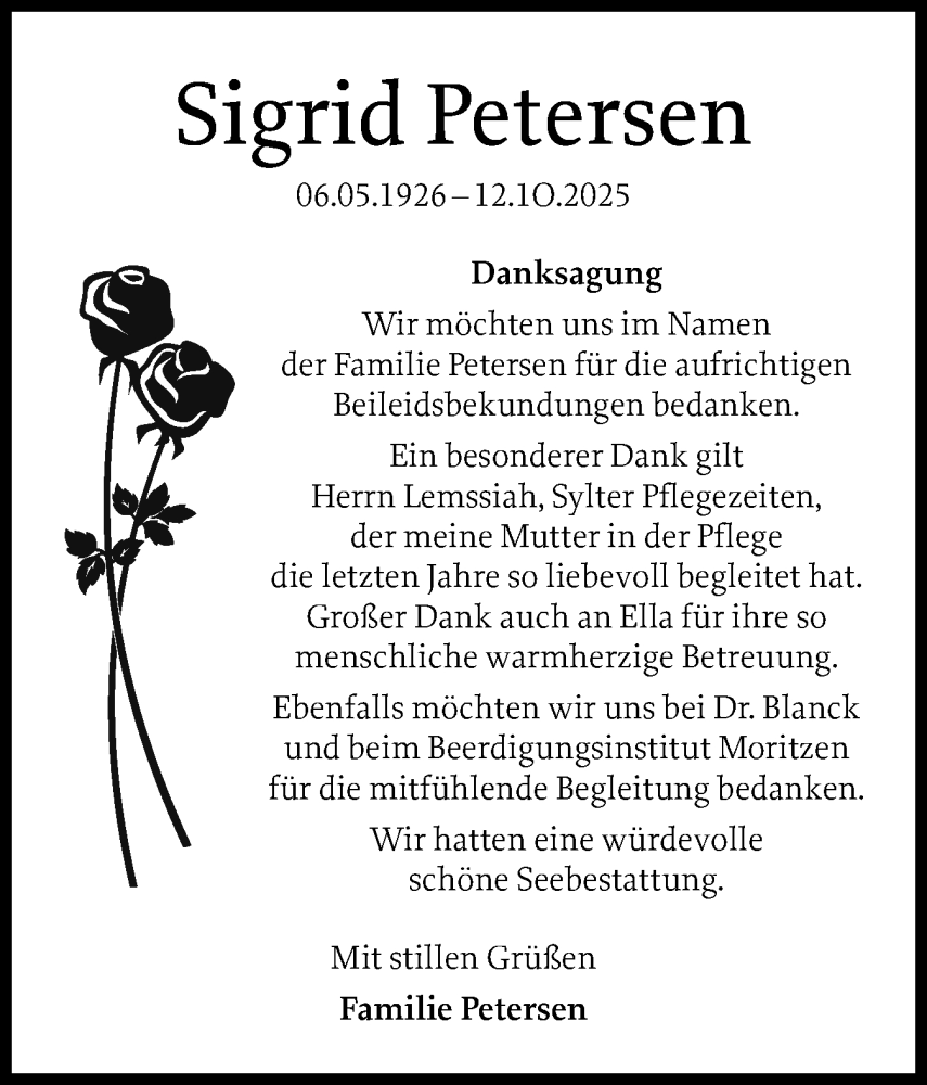  Traueranzeige für Sigrid Petersen vom 06.12.2025 aus Sylter Rundschau