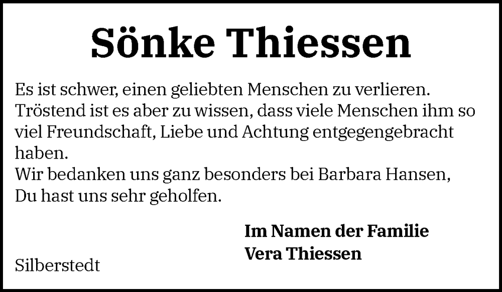  Traueranzeige für Sönke Thiessen vom 30.12.2025 aus Schleswiger Nachrichten, Schlei-Bote