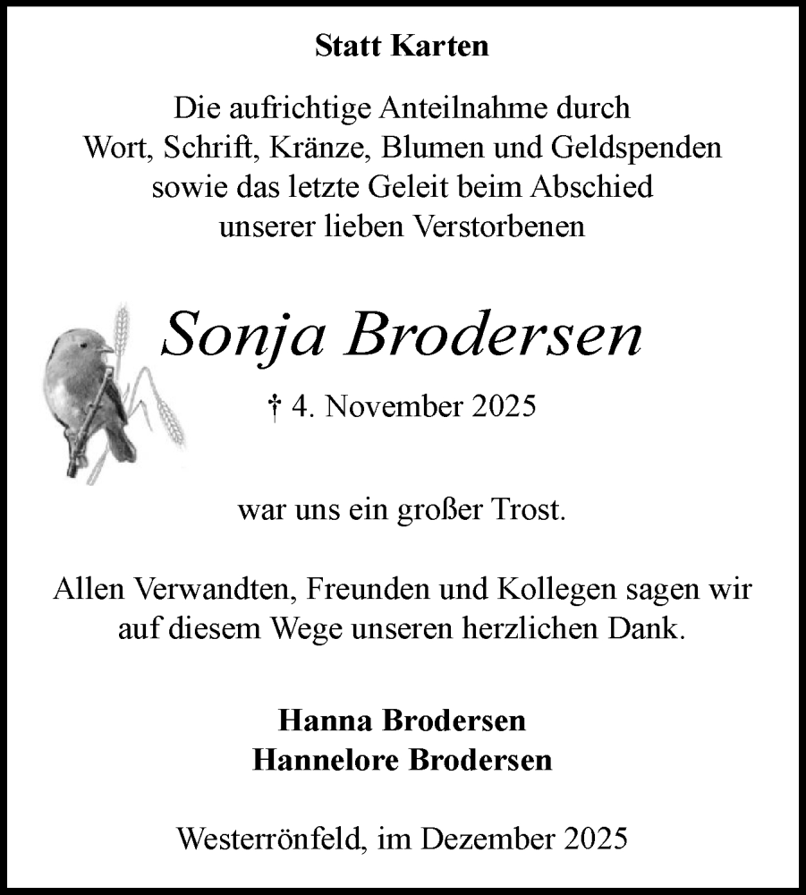  Traueranzeige für Sonja Brodersen vom 13.12.2025 aus Schleswig-Holsteinische Landeszeitung