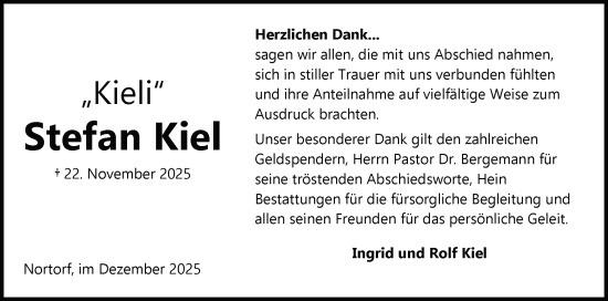 Traueranzeige von Stefan Kiel von Schleswig-Holsteinische Landeszeitung