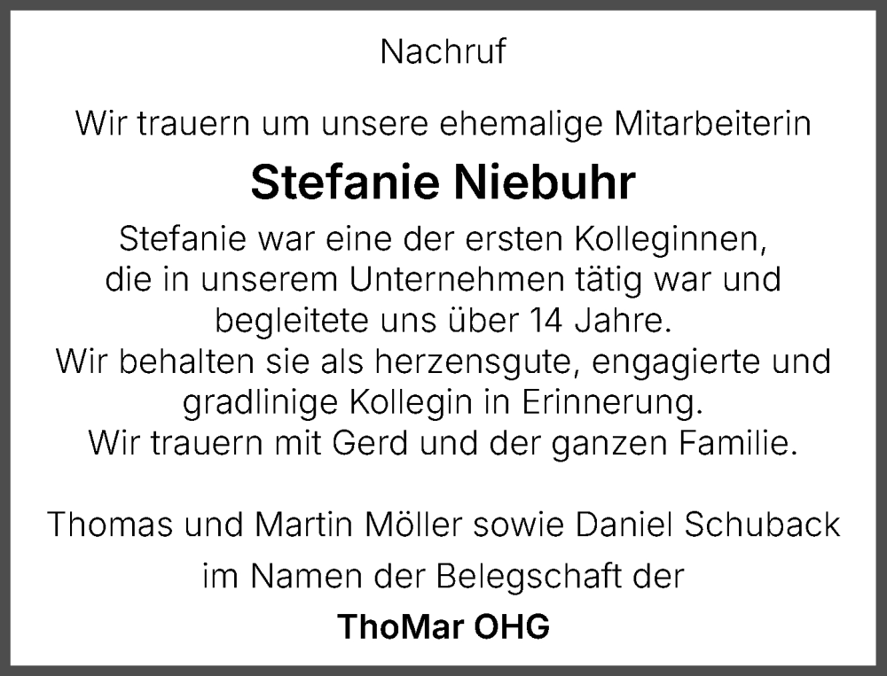 Traueranzeige für Stefanie Niebuhr vom 20.12.2025 aus Wochenend Anzeiger