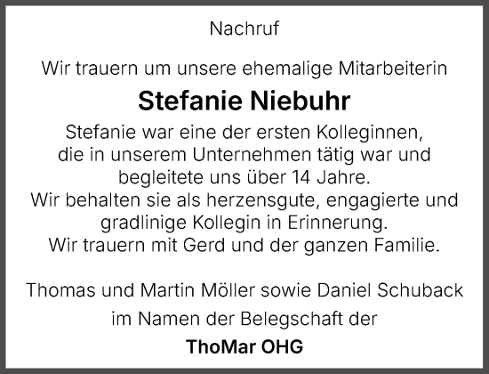 Traueranzeige von Stefanie Niebuhr von Wochenend Anzeiger