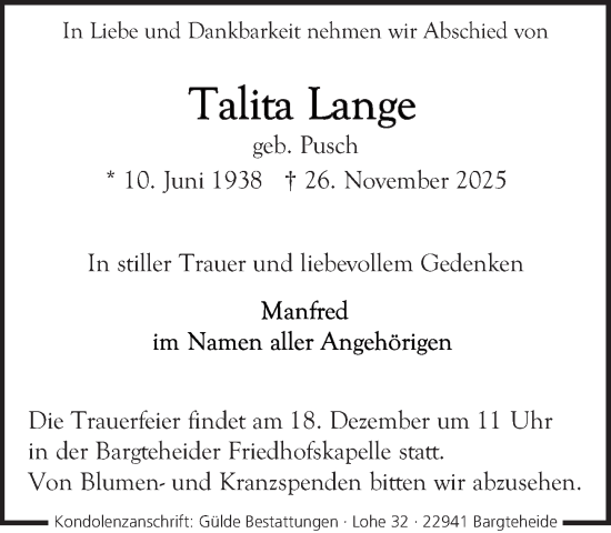 Traueranzeige von Talita Lange von MARKT Ahrensburg/Bargteheide/Trittau und Stormarner Tageblatt
