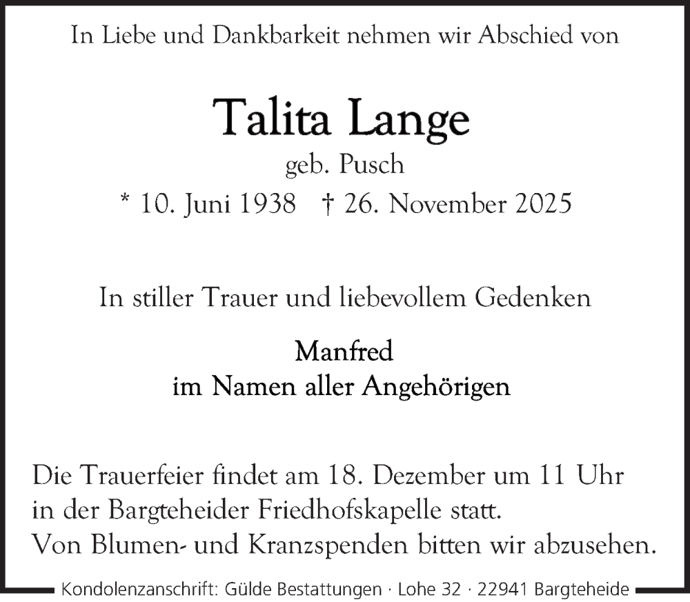  Traueranzeige für Talita Lange vom 06.12.2025 aus MARKT Ahrensburg/Bargteheide/Trittau und Stormarner Tageblatt