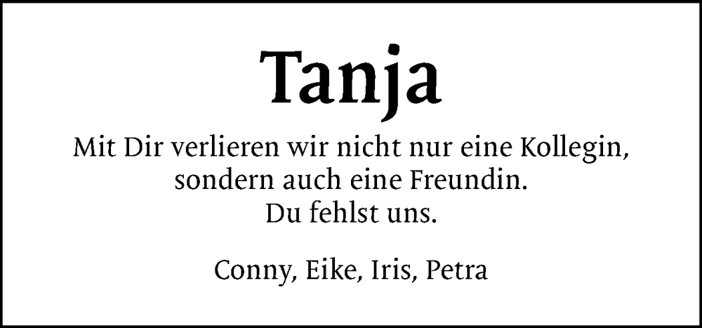  Traueranzeige für Tanja  vom 13.12.2025 aus Flensburger Tageblatt, Schleswiger Nachrichten, Schlei-Bote