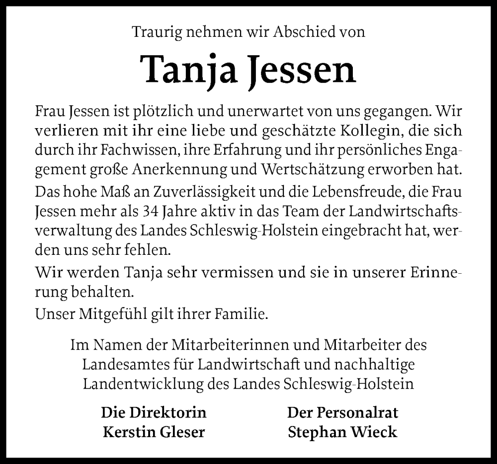  Traueranzeige für Tanja Jessen vom 13.12.2025 aus Husumer Nachrichten, Nordfriesland Tageblatt