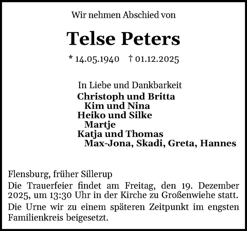  Traueranzeige für Telse Peters vom 06.12.2025 aus Flensburger Tageblatt