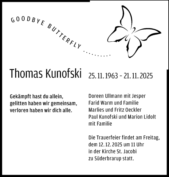 Traueranzeige von Thomas Kunofski von Flensburger Tageblatt