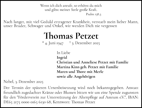 Traueranzeige von Thomas Petzet von Der Insel-Bote