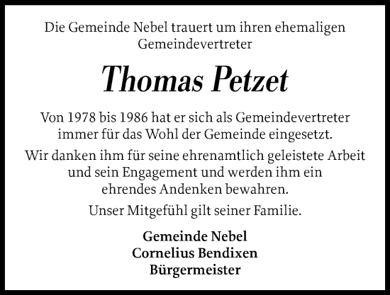 Traueranzeige von Thomas Petzet von Der Insel-Bote