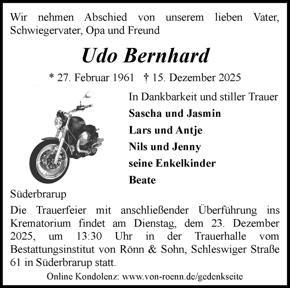  Traueranzeige für Udo Bernhard vom 20.12.2025 aus Schleswiger Nachrichten, Schlei-Bote