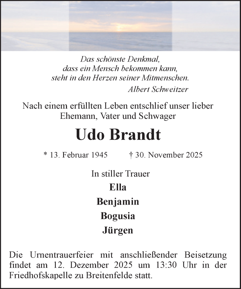  Traueranzeige für Udo Brandt vom 06.12.2025 aus MARKT Ratzeburg/Mölln