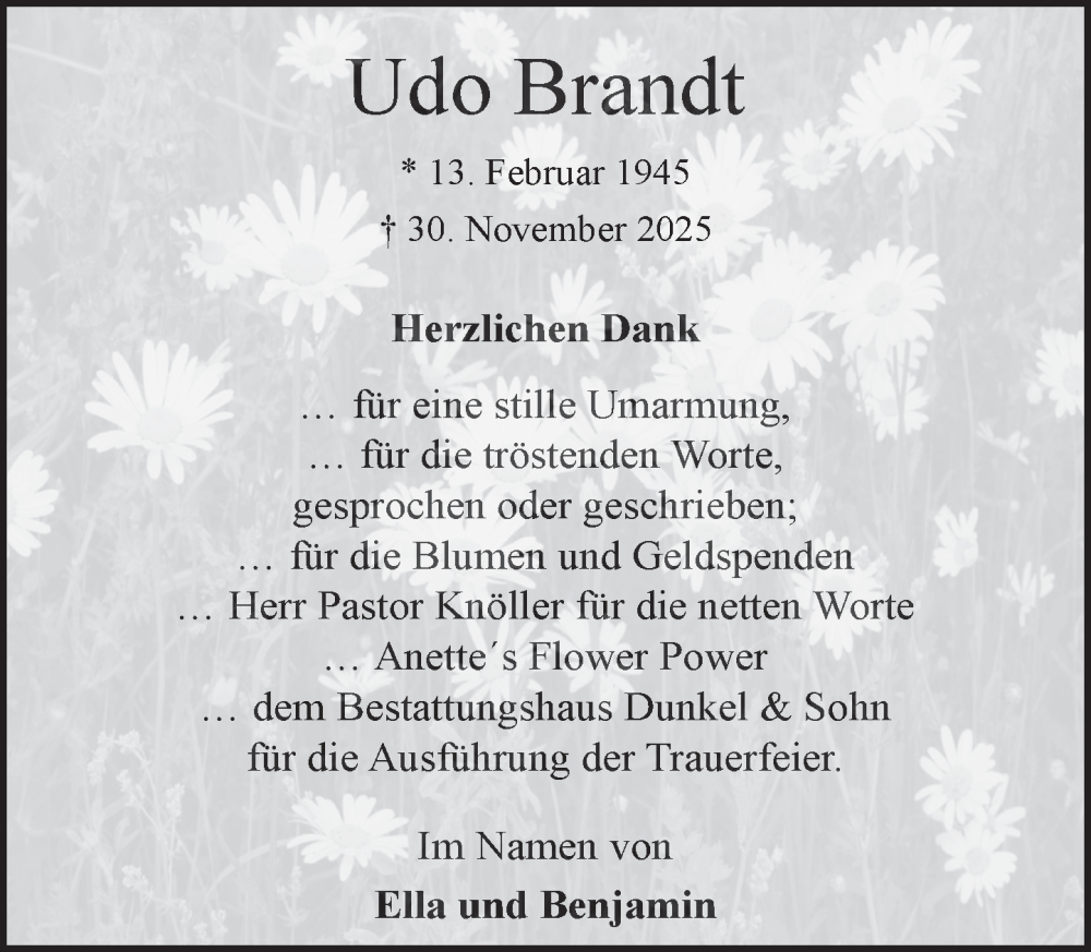  Traueranzeige für Udo Brandt vom 20.12.2025 aus MARKT Ratzeburg/Mölln