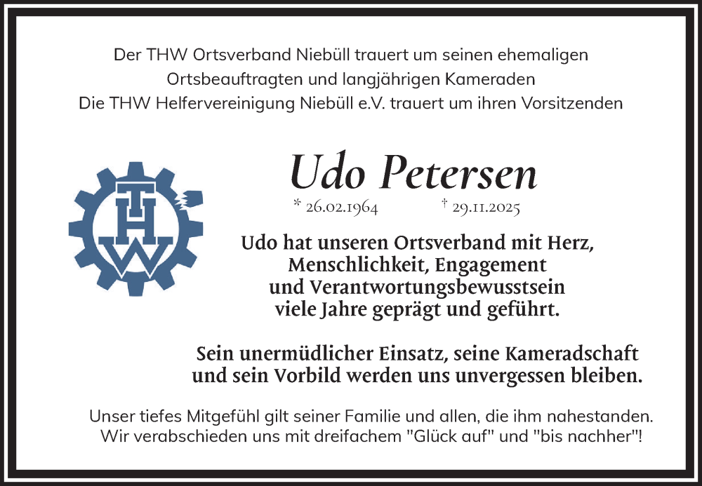  Traueranzeige für Udo Petersen vom 05.12.2025 aus Region Flensburg