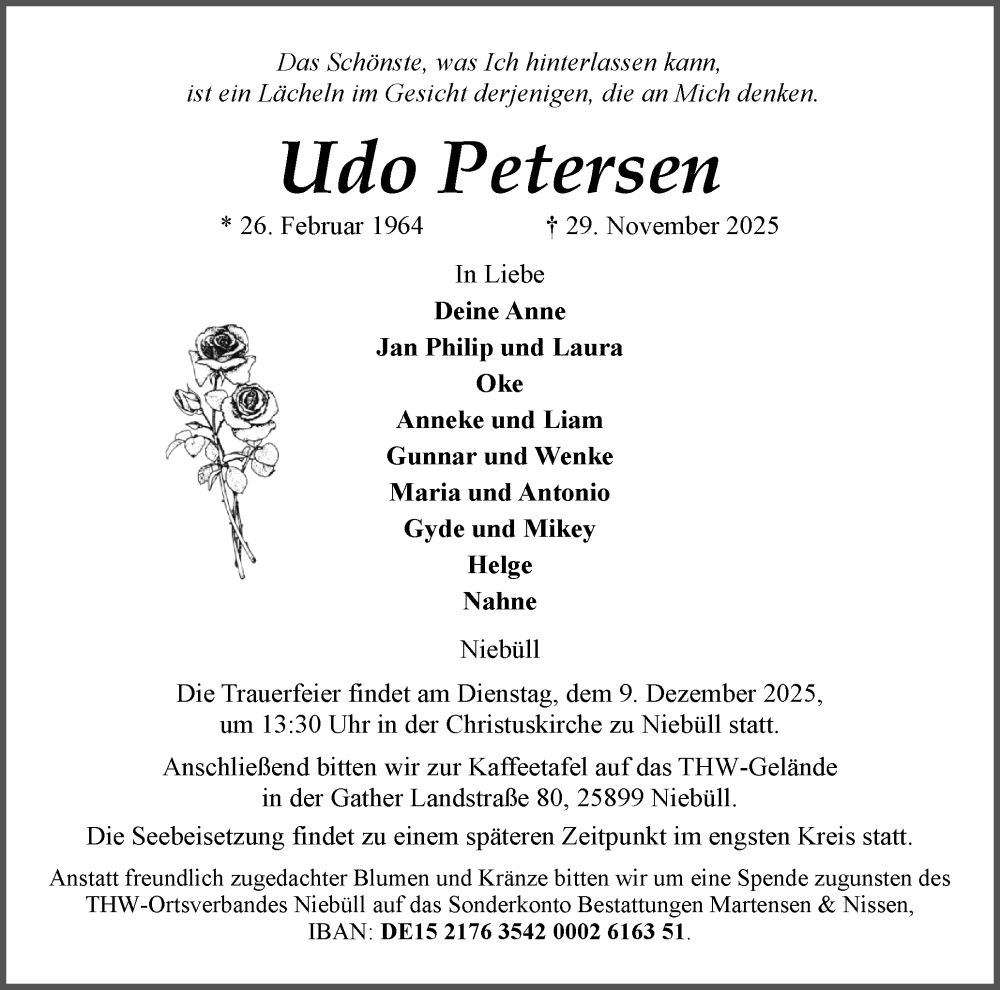  Traueranzeige für Udo Petersen vom 03.12.2025 aus Region Flensburg