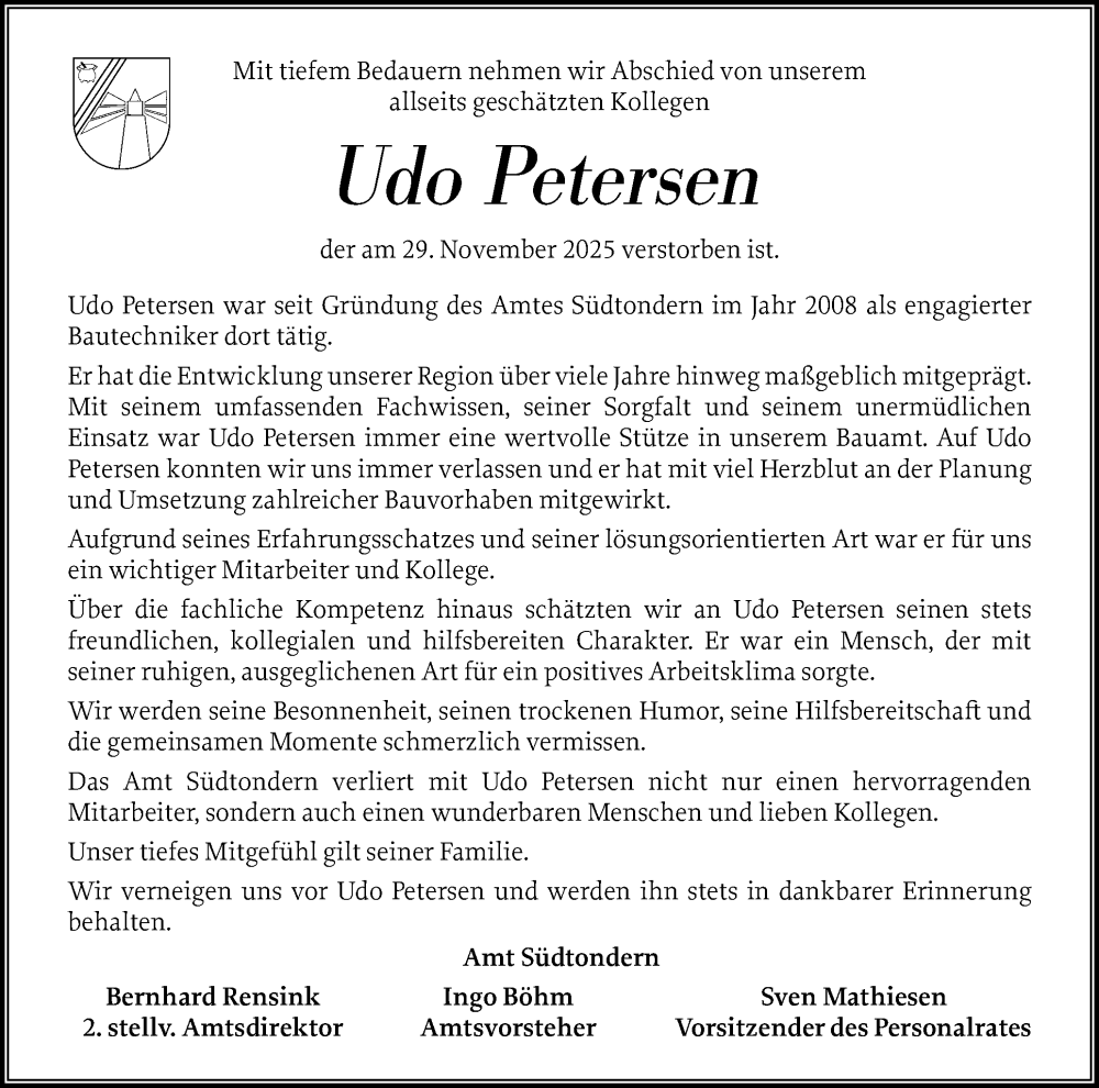 Traueranzeige für Udo Petersen vom 05.12.2025 aus Husumer Nachrichten, Nordfriesland Tageblatt