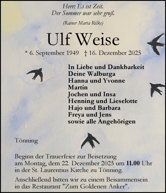 Traueranzeige von Ulf Weise von Husumer Nachrichten, Nordfriesland Tageblatt