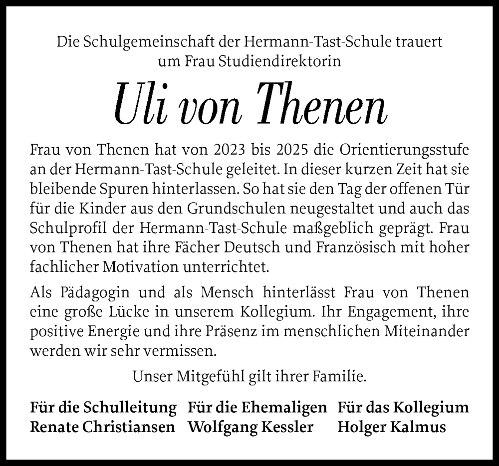  Traueranzeige für Uli von Thenen vom 03.12.2025 aus Husumer Nachrichten, Nordfriesland Tageblatt