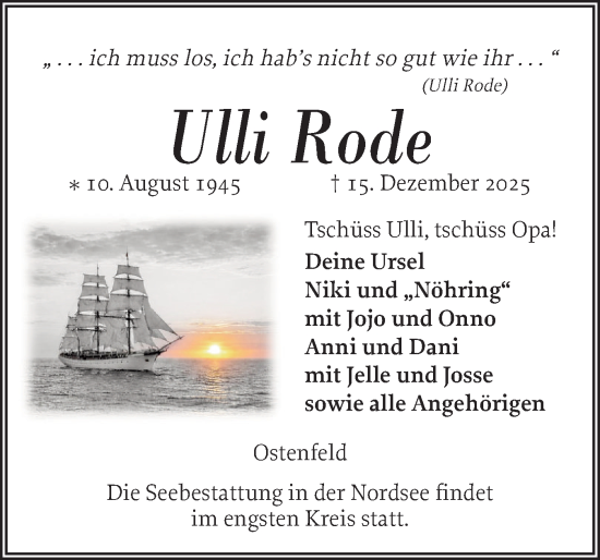 Traueranzeige von Ulli Rode von Husumer Nachrichten, Nordfriesland Tageblatt