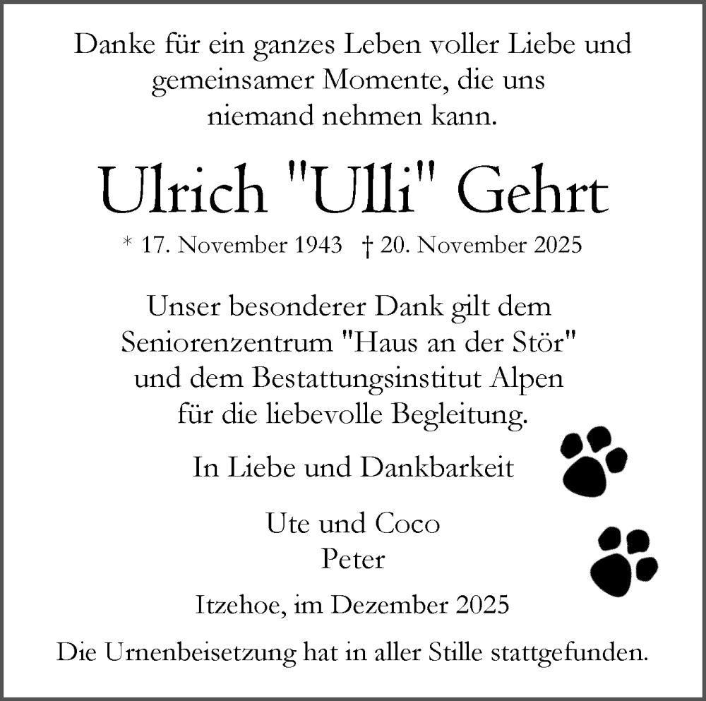  Traueranzeige für Ulrich Gehrt vom 06.12.2025 aus Norddeutsche Rundschau, Wilstersche Zeitung, Glückstädter Fortuna