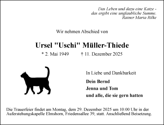 Traueranzeige von Ursel Müller-Thiede von Elmshorner Nachrichten, Barmstedter Zeitung