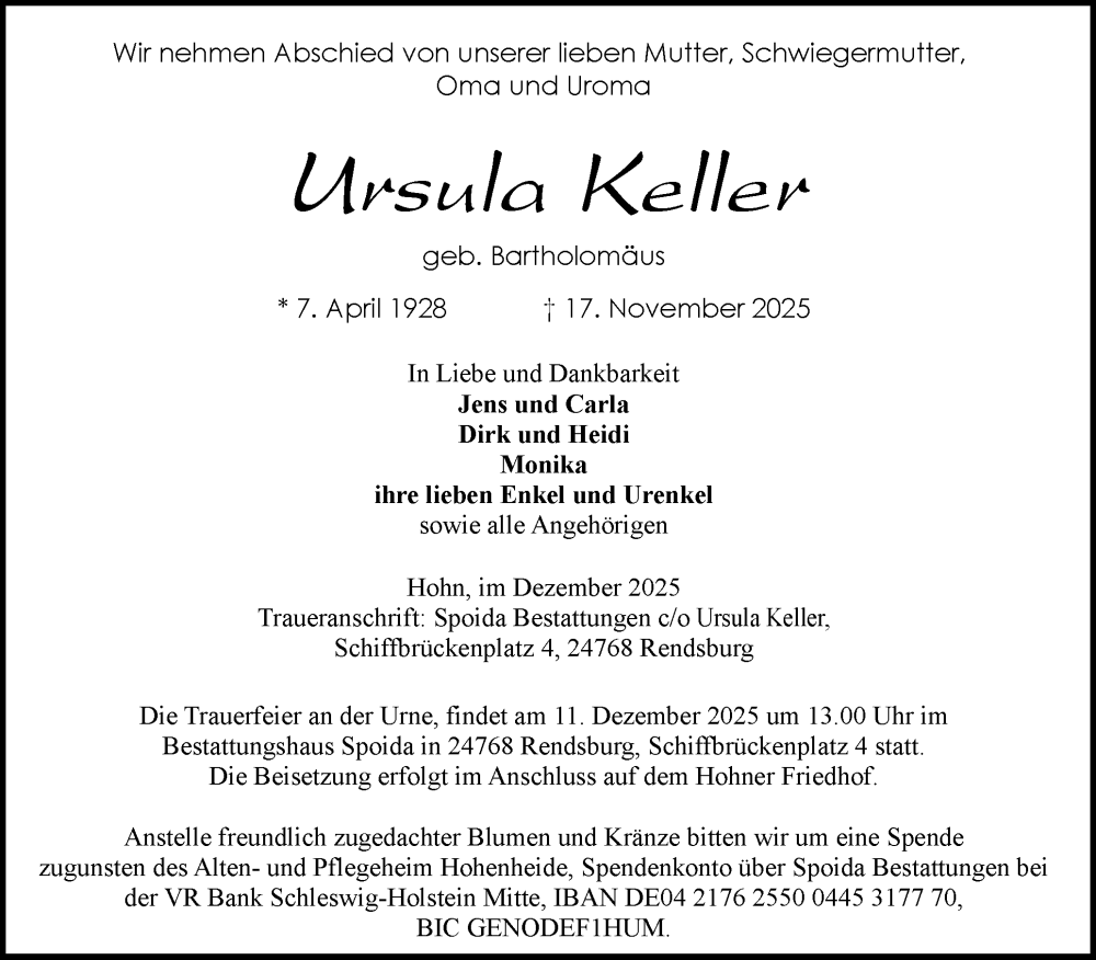  Traueranzeige für Ursula Keller vom 06.12.2025 aus Schleswig-Holsteinische Landeszeitung