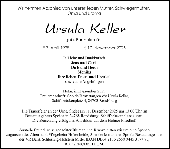 Traueranzeige von Ursula Keller von Schleswig-Holsteinische Landeszeitung