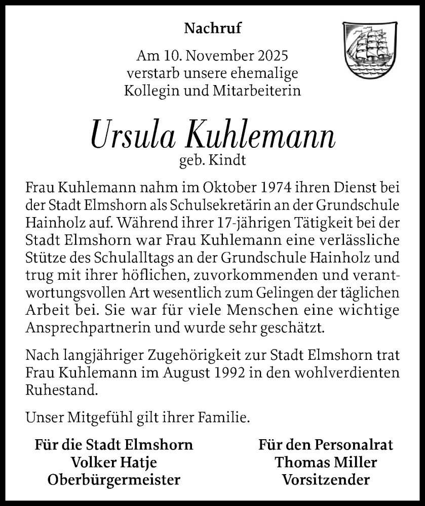  Traueranzeige für Ursula Kuhlemann vom 10.12.2025 aus Elmshorner Nachrichten, Barmstedter Zeitung