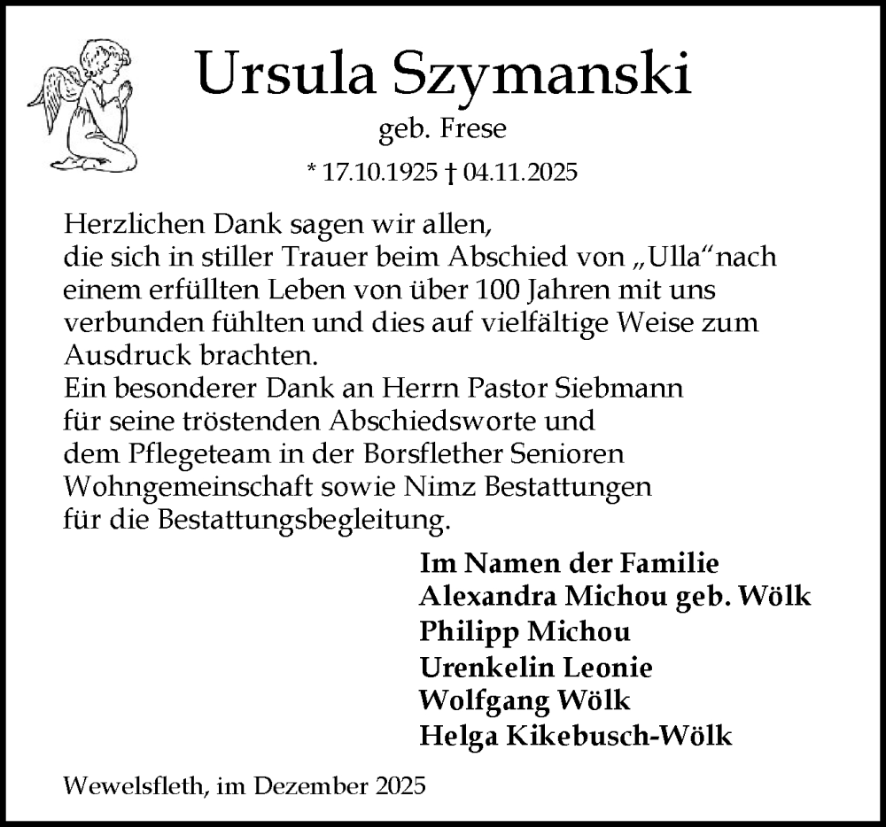  Traueranzeige für Ursula Szymanski vom 20.12.2025 aus Norddeutsche Rundschau, Wilstersche Zeitung, Glückstädter Fortuna