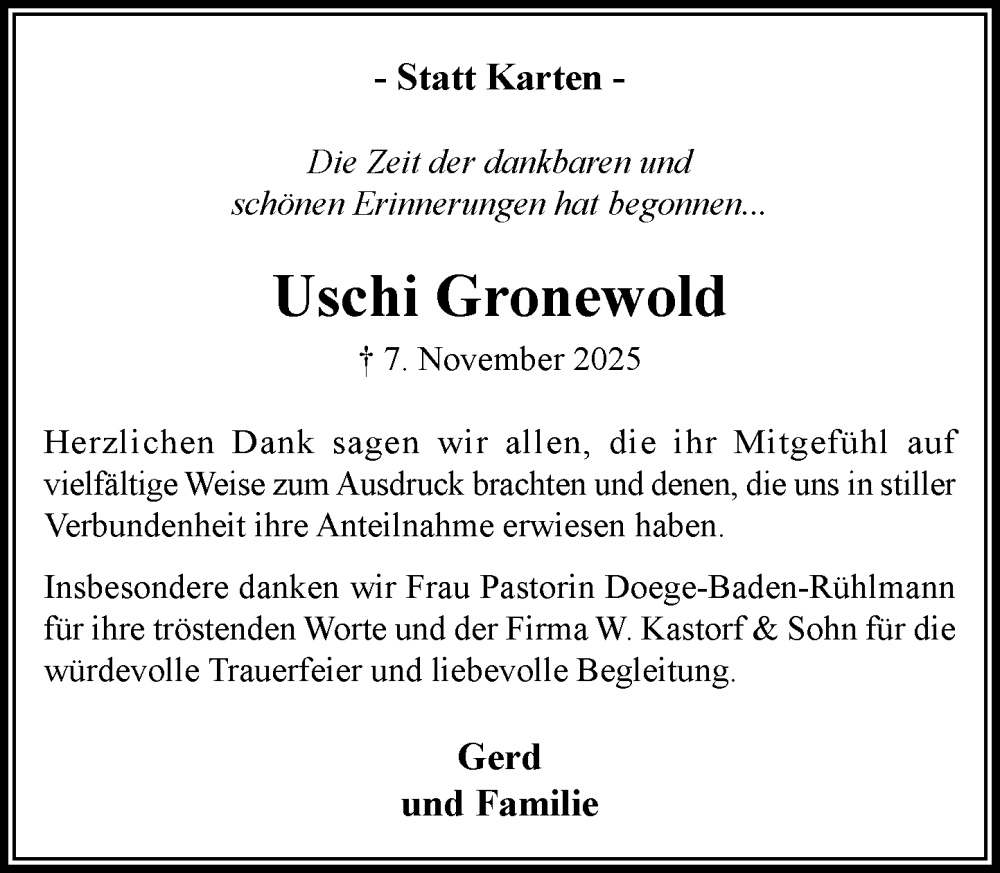  Traueranzeige für Uschi Gronewold vom 06.12.2025 aus MARKT Ahrensburg/Bargteheide/Trittau und Stormarner Tageblatt