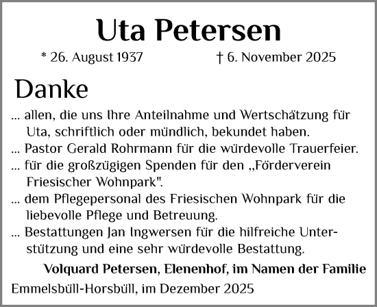 Traueranzeige von Uta Petersen von Region Westküste