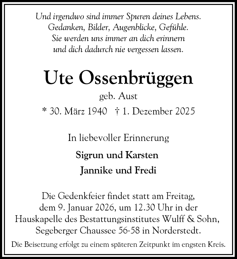  Traueranzeige für Ute Ossenbrüggen vom 13.12.2025 aus Heimatspiegel