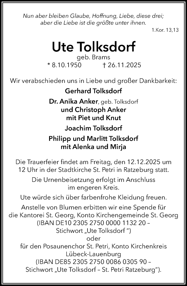  Traueranzeige für Ute Tolksdorf vom 06.12.2025 aus MARKT Ratzeburg/Mölln