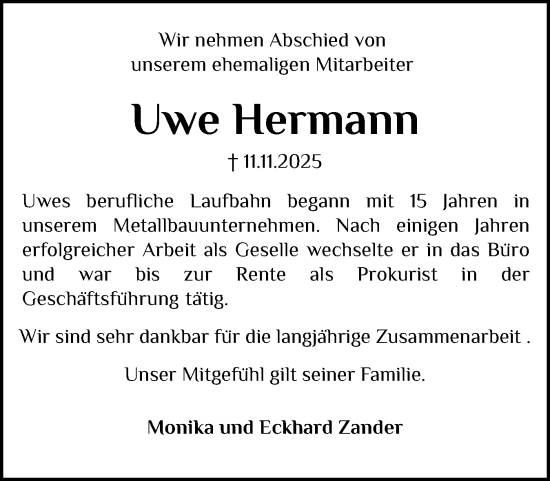 Traueranzeige von Uwe Hermann von Holsteinischer Courier