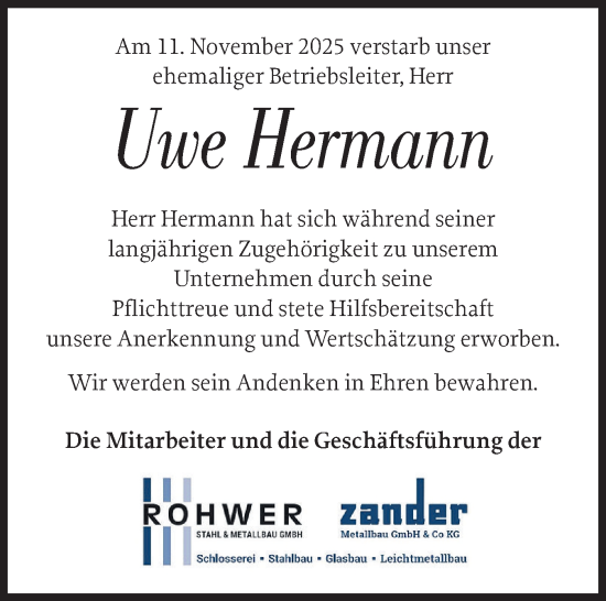 Traueranzeige von Uwe Hermann von Holsteinischer Courier