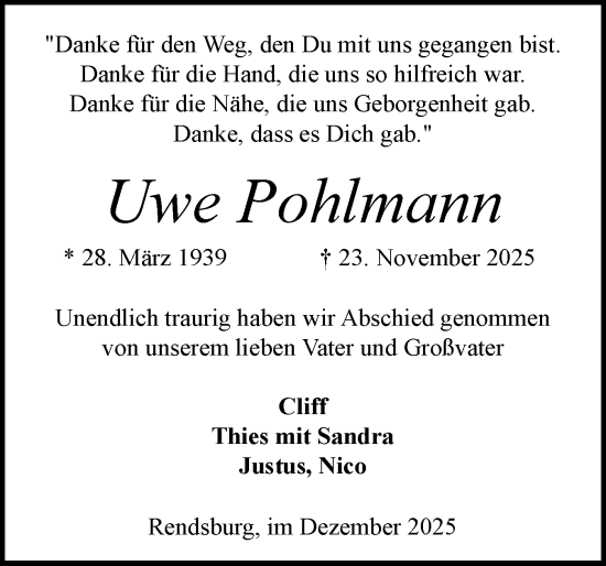 Traueranzeige von Uwe Pohlmann von Schleswig-Holsteinische Landeszeitung
