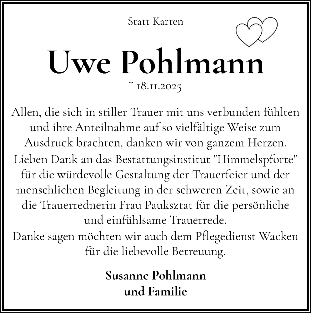  Traueranzeige für Uwe Pohlmann vom 20.12.2025 aus Norddeutsche Rundschau, Wilstersche Zeitung, Glückstädter Fortuna