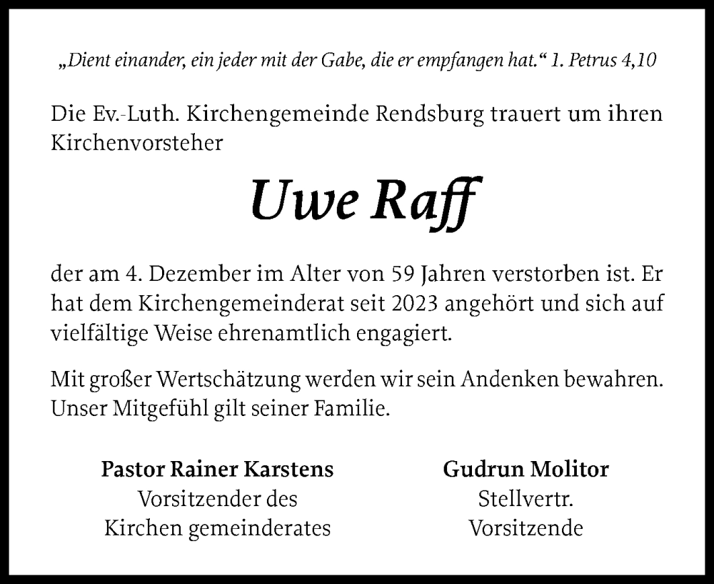  Traueranzeige für Uwe Raff vom 19.12.2025 aus Schleswig-Holsteinische Landeszeitung
