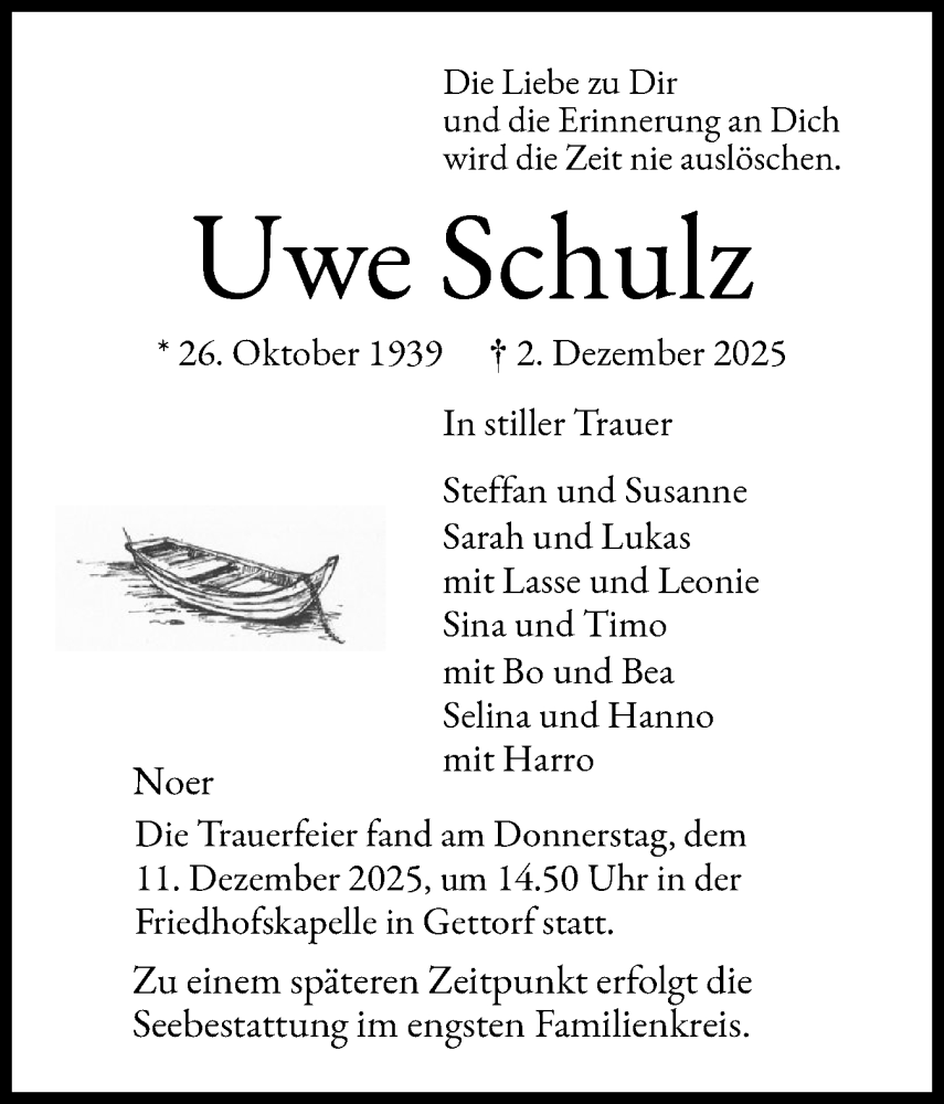  Traueranzeige für Uwe Schulz vom 13.12.2025 aus Hallo Eckernförde