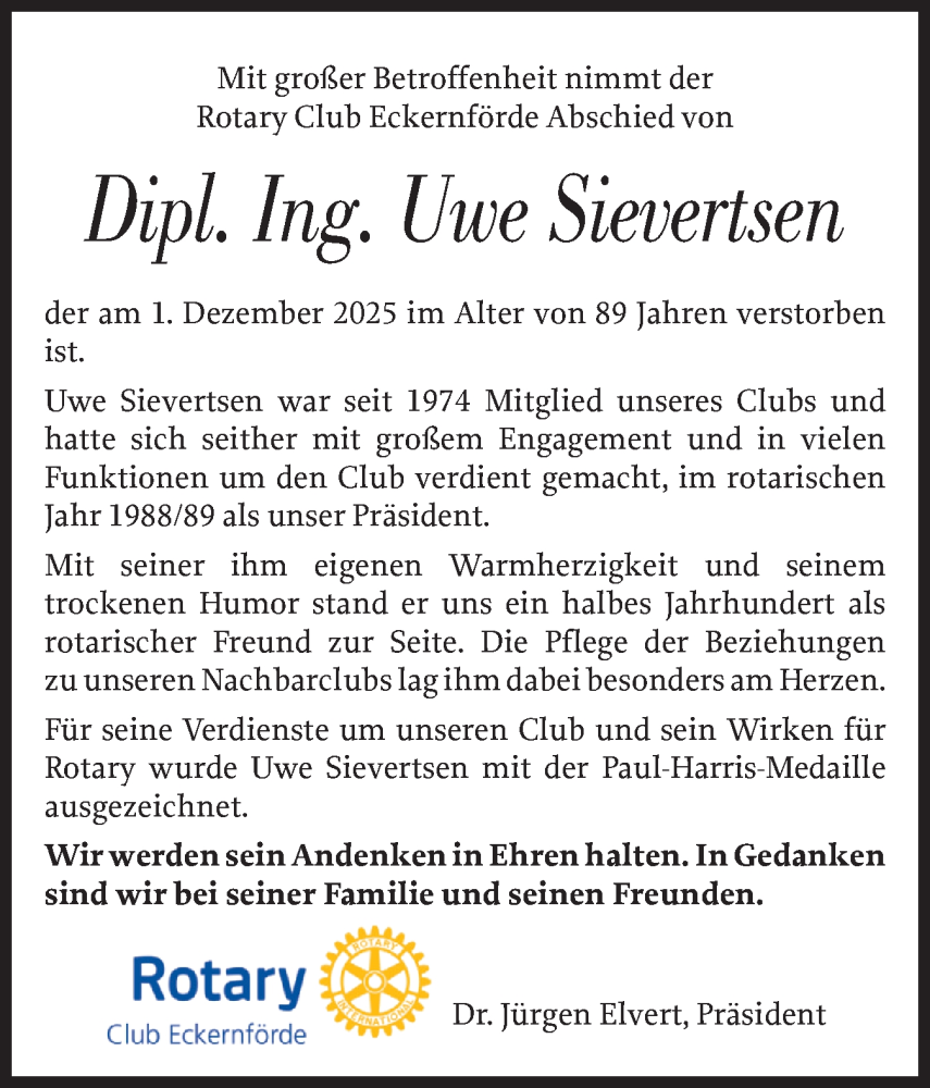  Traueranzeige für Uwe Sievertsen vom 13.12.2025 aus Eckernförder Zeitung, Hallo Eckernförde