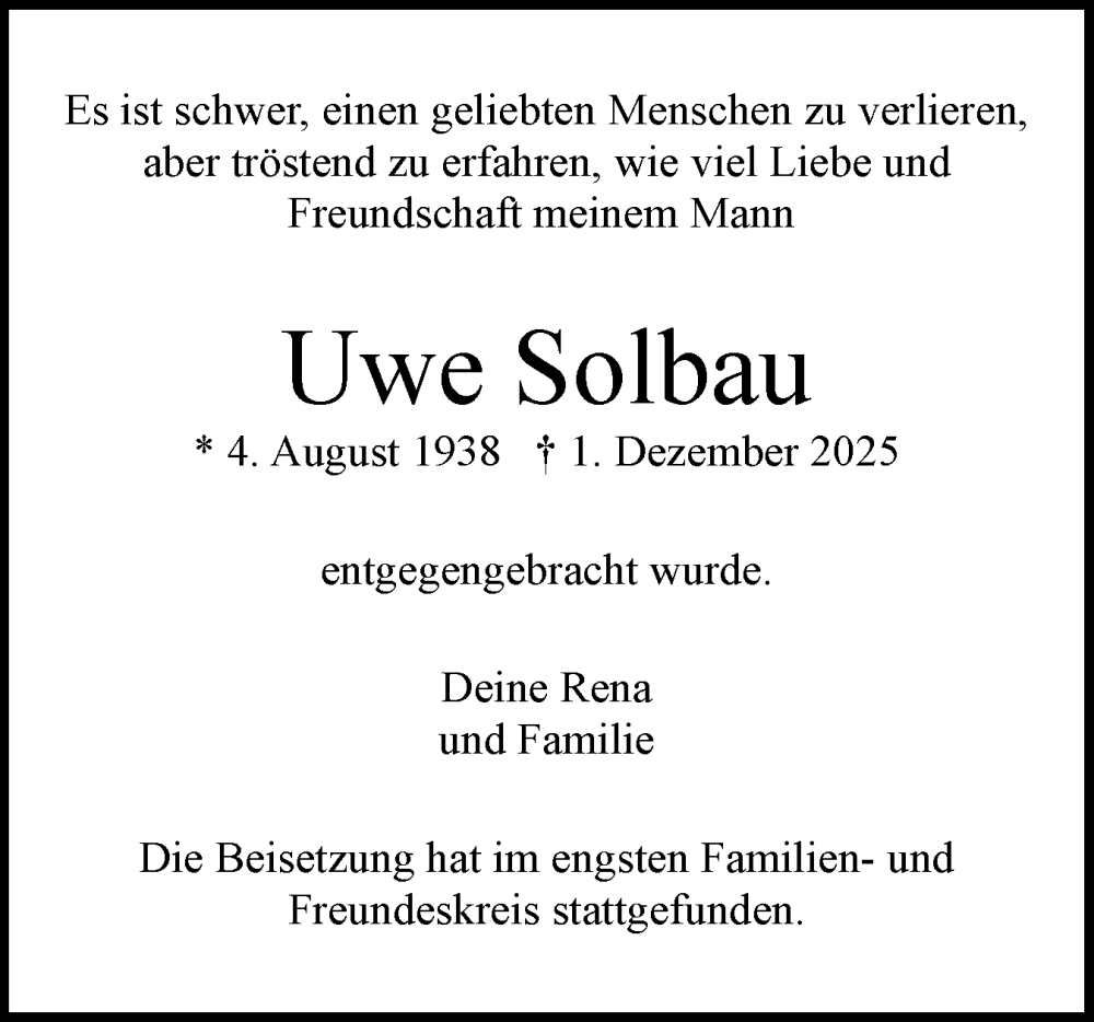 Traueranzeige für Uwe Solbau vom 20.12.2025 aus Region Pinneberg und tip Pinneberg