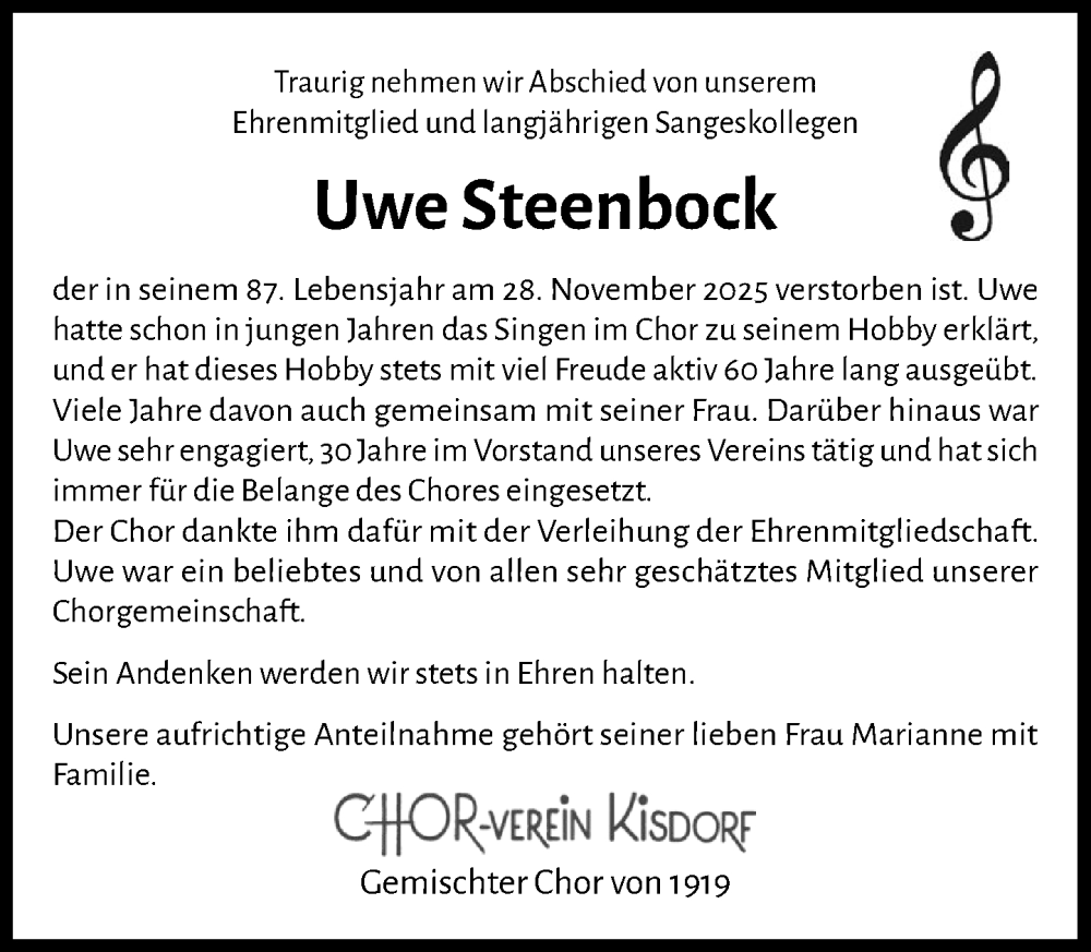  Traueranzeige für Uwe Steenbock vom 20.12.2025 aus Umschau