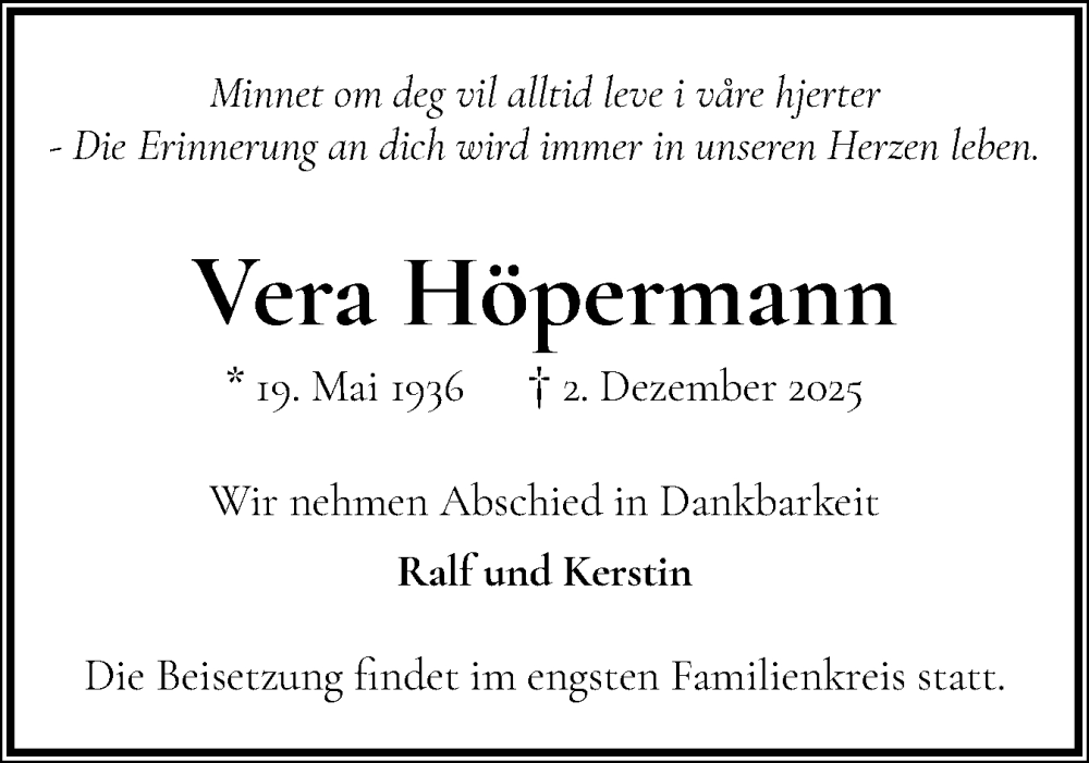  Traueranzeige für Vera Höpermann vom 13.12.2025 aus Wedel-Schulauer Tageblatt, tip Wedel-Schulauer Tageblatt, tip Rissener Rundschau