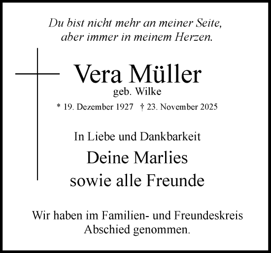 Traueranzeige von Vera Müller von Uetersener Nachrichten, Der tip am Wochenende